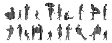 Vektör siluetleri, insanların ana hatları, Contour çizimleri, insanların siluetleri, ikon kümesi izole edilmiş, oturan insanların silueti, mimari set