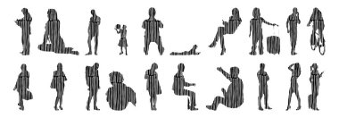 Vektör siluetleri, insanların ana hatları, Contour çizimleri, insanların siluetleri, ikon kümesi izole edilmiş, oturan insanların silueti, mimari set