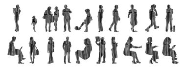 Vektör siluetleri, insanların ana hatları, Contour çizimleri, insanların siluetleri, ikon kümesi izole edilmiş, oturan insanların silueti, mimari set