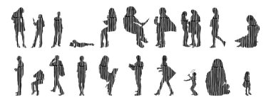 Vektör siluetleri, insanların ana hatları, Contour çizimleri, insanların siluetleri, ikon kümesi izole edilmiş, oturan insanların silueti, mimari set