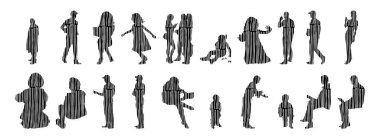 Vektör siluetleri, insanların ana hatları, Contour çizimleri, insanların siluetleri, ikon kümesi izole edilmiş, oturan insanların silueti, mimari set