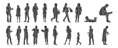 Vektör siluetleri, insanların ana hatları, Contour çizimleri, insanların siluetleri, ikon kümesi izole edilmiş, oturan insanların silueti, mimari set