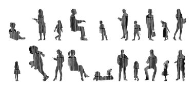 Vektör siluetleri, insanların ana hatları, Contour çizimleri, insanların siluetleri, ikon kümesi izole edilmiş, oturan insanların silueti, mimari set