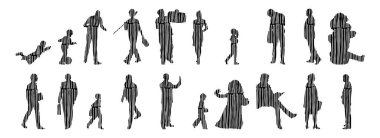 Vektör siluetleri, insanların ana hatları, Contour çizimleri, insanların siluetleri, ikon kümesi izole edilmiş, oturan insanların silueti, mimari set