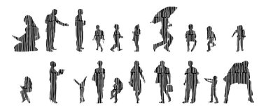 Vektör siluetleri, insanların ana hatları, Contour çizimleri, insanların siluetleri, ikon kümesi izole edilmiş, oturan insanların silueti, mimari set