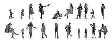 Vektör siluetleri, insanların ana hatları, Contour çizimleri, insanların siluetleri, ikon kümesi izole edilmiş, oturan insanların silueti, mimari set