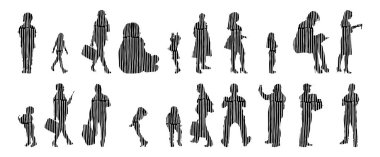 Vektör siluetleri, insanların ana hatları, Contour çizimleri, insanların siluetleri, ikon kümesi izole edilmiş, oturan insanların silueti, mimari set