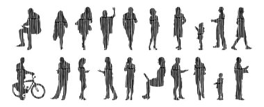 Vektör siluetleri, insanların ana hatları, Contour çizimleri, insanların siluetleri, ikon kümesi izole edilmiş, oturan insanların silueti, mimari set