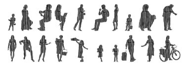 Vektör siluetleri, insanların ana hatları, Contour çizimleri, insanların siluetleri, ikon kümesi izole edilmiş, oturan insanların silueti, mimari set