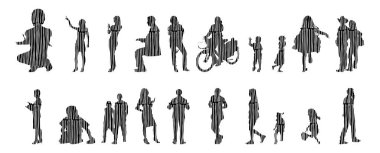 Vektör siluetleri, insanların ana hatları, Contour çizimleri, insanların siluetleri, ikon kümesi izole edilmiş, oturan insanların silueti, mimari set