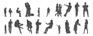 Vektör siluetleri, insanların ana hatları, Contour çizimleri, insanların siluetleri, ikon kümesi izole edilmiş, oturan insanların silueti, mimari set