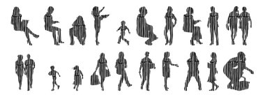 Vektör siluetleri, insanların ana hatları, Contour çizimleri, insanların siluetleri, ikon kümesi izole edilmiş, oturan insanların silueti, mimari set