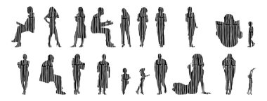 Vektör siluetleri, insanların ana hatları, Contour çizimleri, insanların siluetleri, ikon kümesi izole edilmiş, oturan insanların silueti, mimari set