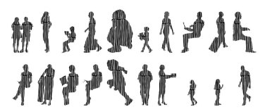 Vektör siluetleri, insanların ana hatları, Contour çizimleri, insanların siluetleri, ikon kümesi izole edilmiş, oturan insanların silueti, mimari set