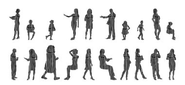 Vektör siluetleri, insanların ana hatları, Contour çizimleri, insanların siluetleri, ikon kümesi izole edilmiş, oturan insanların silueti, mimari set