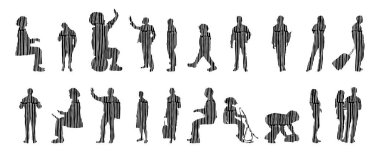 Vektör siluetleri, insanların ana hatları, Contour çizimleri, insanların siluetleri, ikon kümesi izole edilmiş, oturan insanların silueti, mimari set