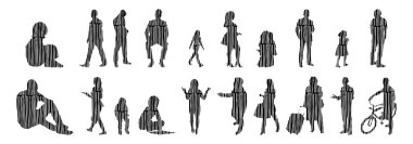Vektör siluetleri, insanların ana hatları, Contour çizimleri, insanların siluetleri, ikon kümesi izole edilmiş, oturan insanların silueti, mimari set