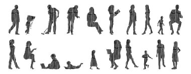 Vektör siluetleri, insanların ana hatları, Contour çizimleri, insanların siluetleri, ikon kümesi izole edilmiş, oturan insanların silueti, mimari set