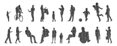 Vektör siluetleri, insanların ana hatları, Contour çizimleri, insanların siluetleri, ikon kümesi izole edilmiş, oturan insanların silueti, mimari set