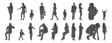 Vektör siluetleri, insanların ana hatları, Contour çizimleri, insanların siluetleri, ikon kümesi izole edilmiş, oturan insanların silueti, mimari set