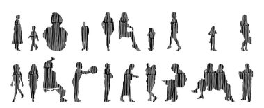 Vektör siluetleri, insanların ana hatları, Contour çizimleri, insanların siluetleri, ikon kümesi izole edilmiş, oturan insanların silueti, mimari set