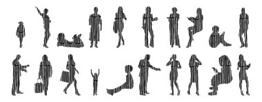 Vektör siluetleri, insanların ana hatları, Contour çizimleri, insanların siluetleri, ikon kümesi izole edilmiş, oturan insanların silueti, mimari set