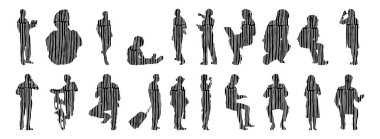 Vektör siluetleri, insanların ana hatları, Contour çizimleri, insanların siluetleri, ikon kümesi izole edilmiş, oturan insanların silueti, mimari set