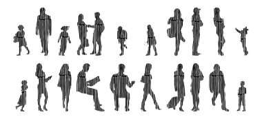 Vektör siluetleri, insanların ana hatları, Contour çizimleri, insanların siluetleri, ikon kümesi izole edilmiş, oturan insanların silueti, mimari set