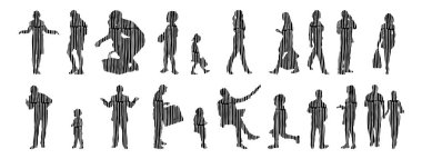 Vektör siluetleri, insanların ana hatları, Contour çizimleri, insanların siluetleri, ikon kümesi izole edilmiş, oturan insanların silueti, mimari set