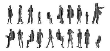 Vektör siluetleri, insanların ana hatları, Contour çizimleri, insanların siluetleri, ikon kümesi izole edilmiş, oturan insanların silueti, mimari set