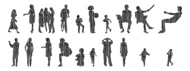 Vektör siluetleri, insanların ana hatları, Contour çizimleri, insanların siluetleri, ikon kümesi izole edilmiş, oturan insanların silueti, mimari set