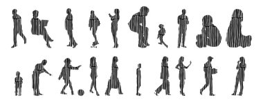 Vektör siluetleri, insanların ana hatları, Contour çizimleri, insanların siluetleri, ikon kümesi izole edilmiş, oturan insanların silueti, mimari set