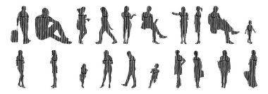 Vektör siluetleri, insanların ana hatları, Contour çizimleri, insanların siluetleri, ikon kümesi izole edilmiş, oturan insanların silueti, mimari set