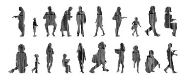 Vektör siluetleri, insanların ana hatları, Contour çizimleri, insanların siluetleri, ikon kümesi izole edilmiş, oturan insanların silueti, mimari set