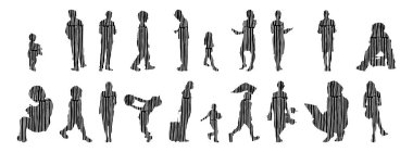 Vektör siluetleri, insanların ana hatları, Contour çizimleri, insanların siluetleri, ikon kümesi izole edilmiş, oturan insanların silueti, mimari set