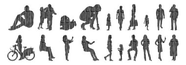 Vektör siluetleri, insanların ana hatları, Contour çizimleri, insanların siluetleri, ikon kümesi izole edilmiş, oturan insanların silueti, mimari set