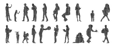 Vektör siluetleri, insanların ana hatları, Contour çizimleri, insanların siluetleri, ikon kümesi izole edilmiş, oturan insanların silueti, mimari set