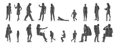 Vektör siluetleri, insanların ana hatları, Contour çizimleri, insanların siluetleri, ikon kümesi izole edilmiş, oturan insanların silueti, mimari set