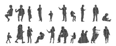 Vektör siluetleri, insanların ana hatları, Contour çizimleri, insanların siluetleri, ikon kümesi izole edilmiş, oturan insanların silueti, mimari set