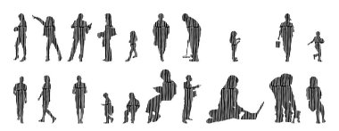 Vektör siluetleri, insanların ana hatları, Contour çizimleri, insanların siluetleri, ikon kümesi izole edilmiş, oturan insanların silueti, mimari set