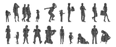 Vektör siluetleri, insanların ana hatları, Contour çizimleri, insanların siluetleri, ikon kümesi izole edilmiş, oturan insanların silueti, mimari set