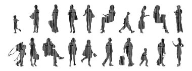 Vektör siluetleri, insanların ana hatları, Contour çizimleri, insanların siluetleri, ikon kümesi izole edilmiş, oturan insanların silueti, mimari set