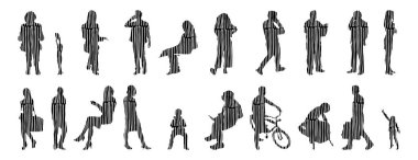 Vektör siluetleri, insanların ana hatları, Contour çizimleri, insanların siluetleri, ikon kümesi izole edilmiş, oturan insanların silueti, mimari set
