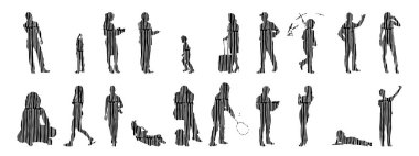 Vektör siluetleri, insanların ana hatları, Contour çizimleri, insanların siluetleri, ikon kümesi izole edilmiş, oturan insanların silueti, mimari set