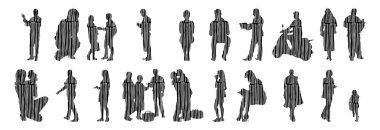 Vektör siluetleri, insanların ana hatları, Contour çizimleri, insanların siluetleri, ikon kümesi izole edilmiş, oturan insanların silueti, mimari set