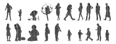 Vektör siluetleri, insanların ana hatları, Contour çizimleri, insanların siluetleri, ikon kümesi izole edilmiş, oturan insanların silueti, mimari set