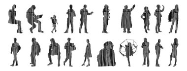 Vektör siluetleri, insanların ana hatları, Contour çizimleri, insanların siluetleri, ikon kümesi izole edilmiş, oturan insanların silueti, mimari set