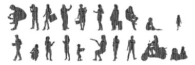 Vektör siluetleri, insanların ana hatları, Contour çizimleri, insanların siluetleri, ikon kümesi izole edilmiş, oturan insanların silueti, mimari set