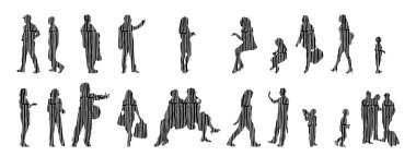 Vektör siluetleri, insanların ana hatları, Contour çizimleri, insanların siluetleri, ikon kümesi izole edilmiş, oturan insanların silueti, mimari set