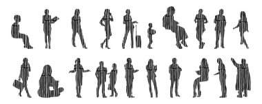 Vektör siluetleri, insanların ana hatları, Contour çizimleri, insanların siluetleri, ikon kümesi izole edilmiş, oturan insanların silueti, mimari set